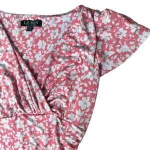 Lauren Ralph Lauren Floral Ruched Dress Womens 0 Pink Excellent Flutter Sleeve